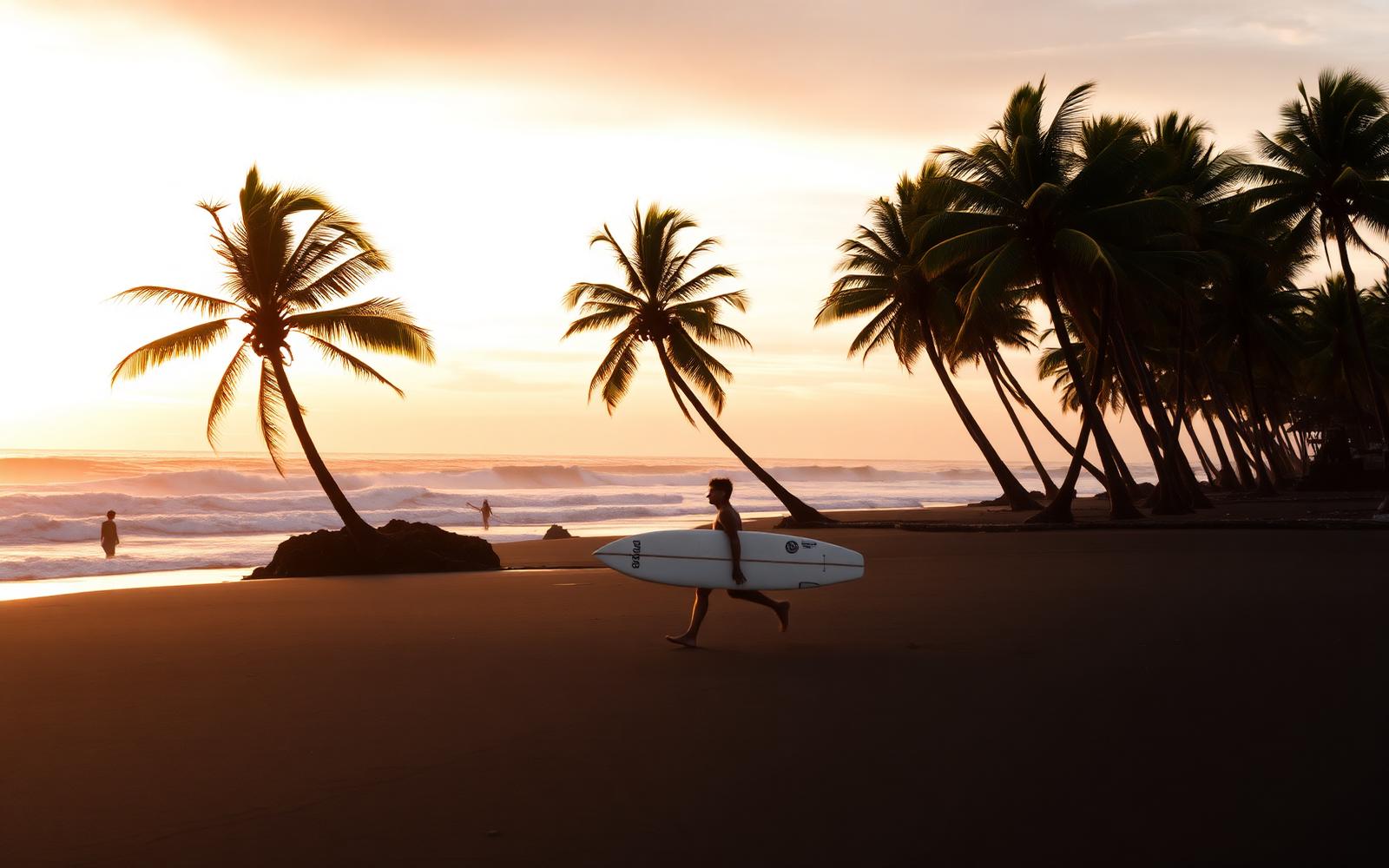 Surfer walking along Canggu black sand beach in Bali at sunset