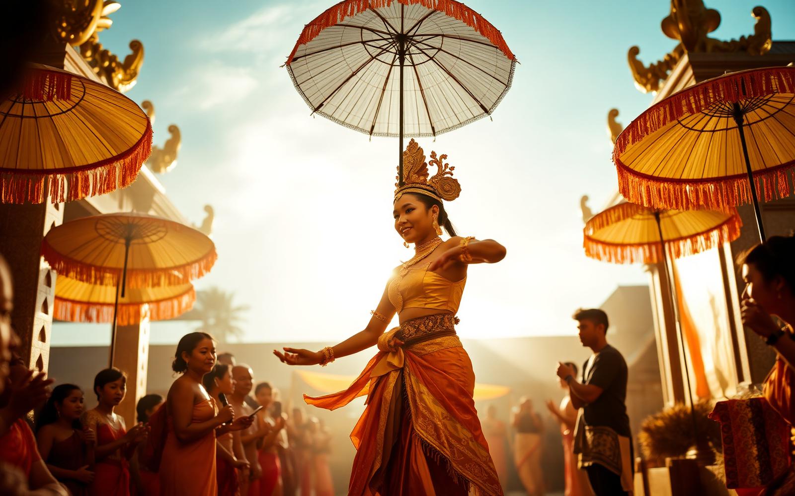 Balinese dancer in traditional gold costume at a temple ceremony