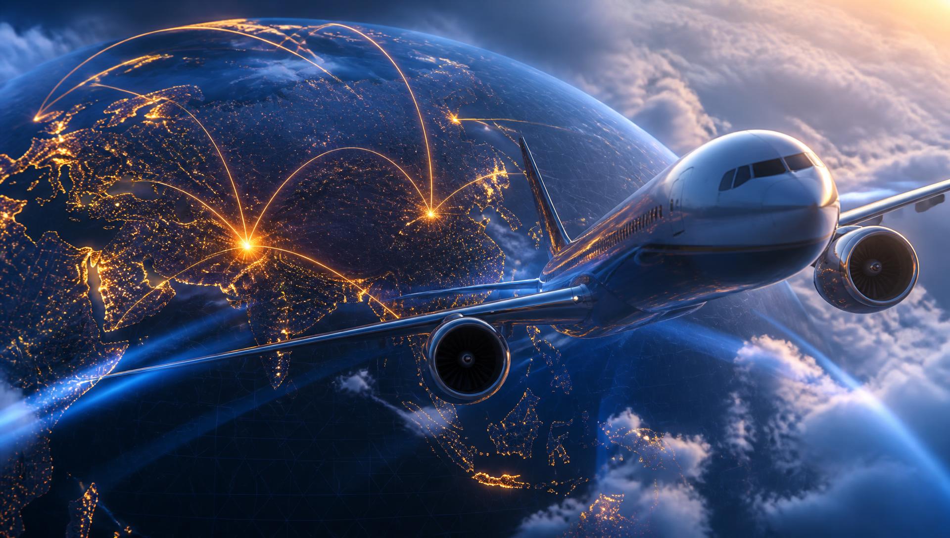 3D airliner flying over a glowing globe with international flight routes