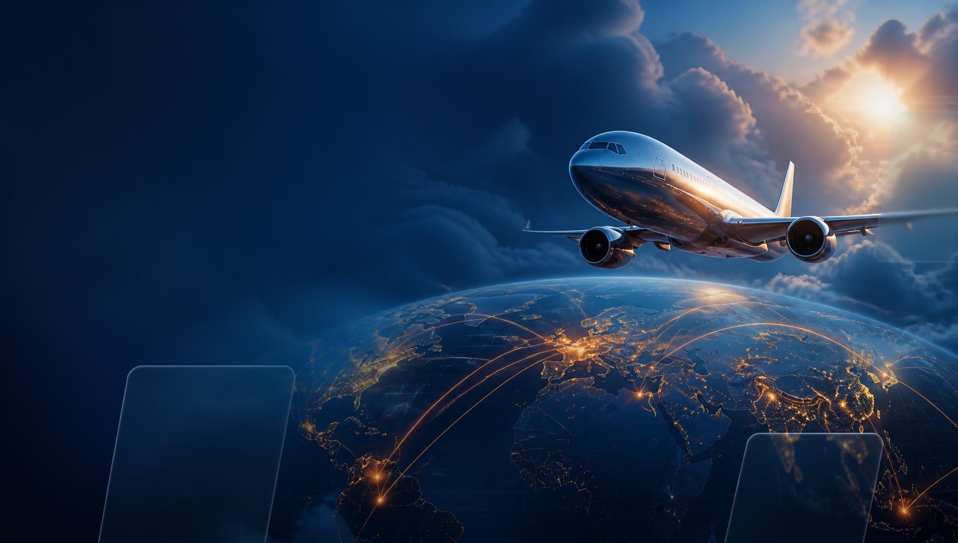 Realistic 3D airliner flying above a glowing globe with international flight routes