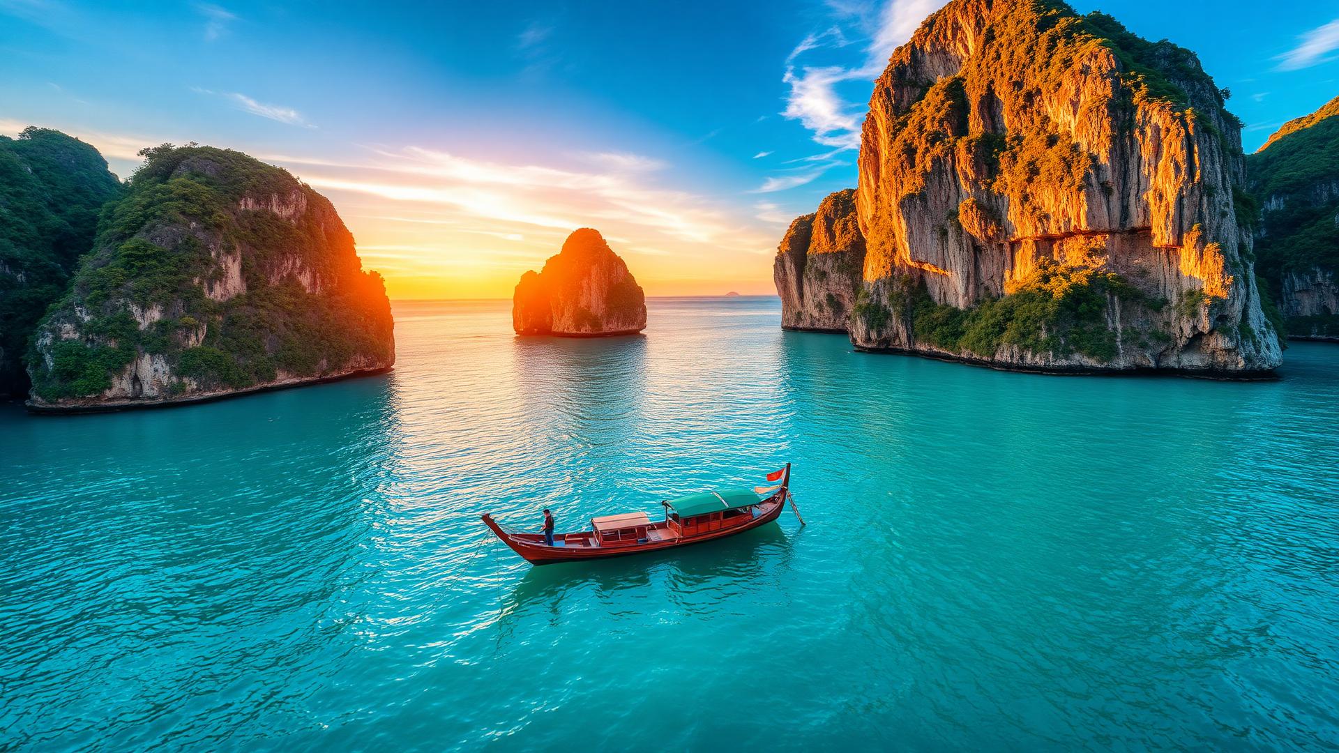 Turquoise bay with a traditional boat at sunset