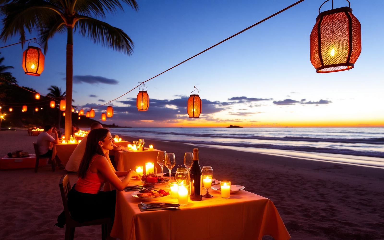 Candlelit seafood dinner on Jimbaran beach at sunset