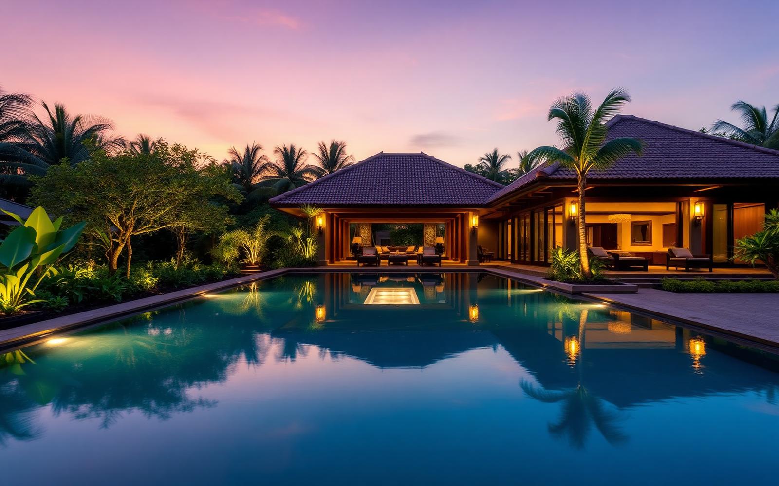 Luxury Bali private pool villa lit at dusk