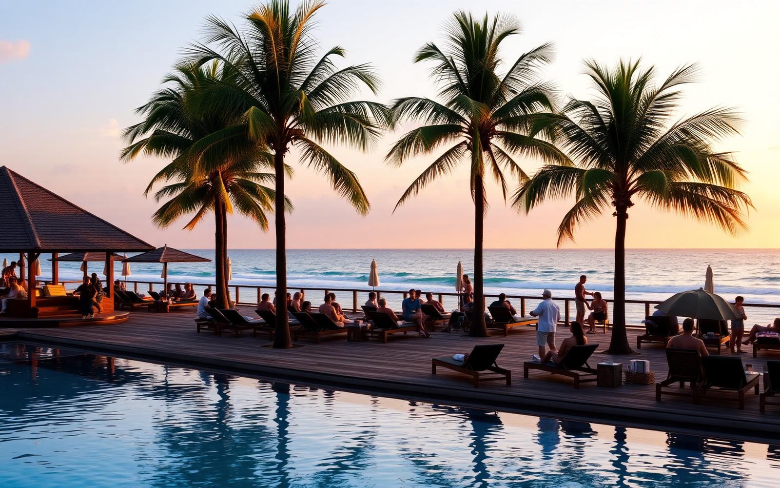 Sun loungers and palm trees at a Seminyak beach club in Bali at sunset