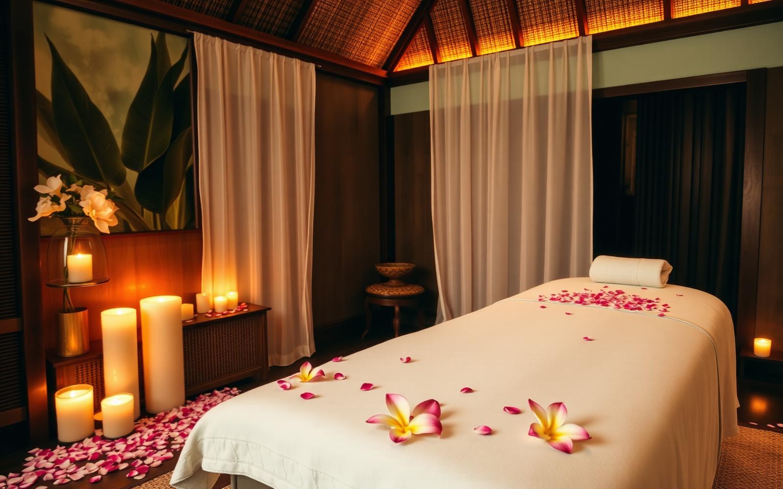 Candlelit Balinese spa room with frangipani flower petals