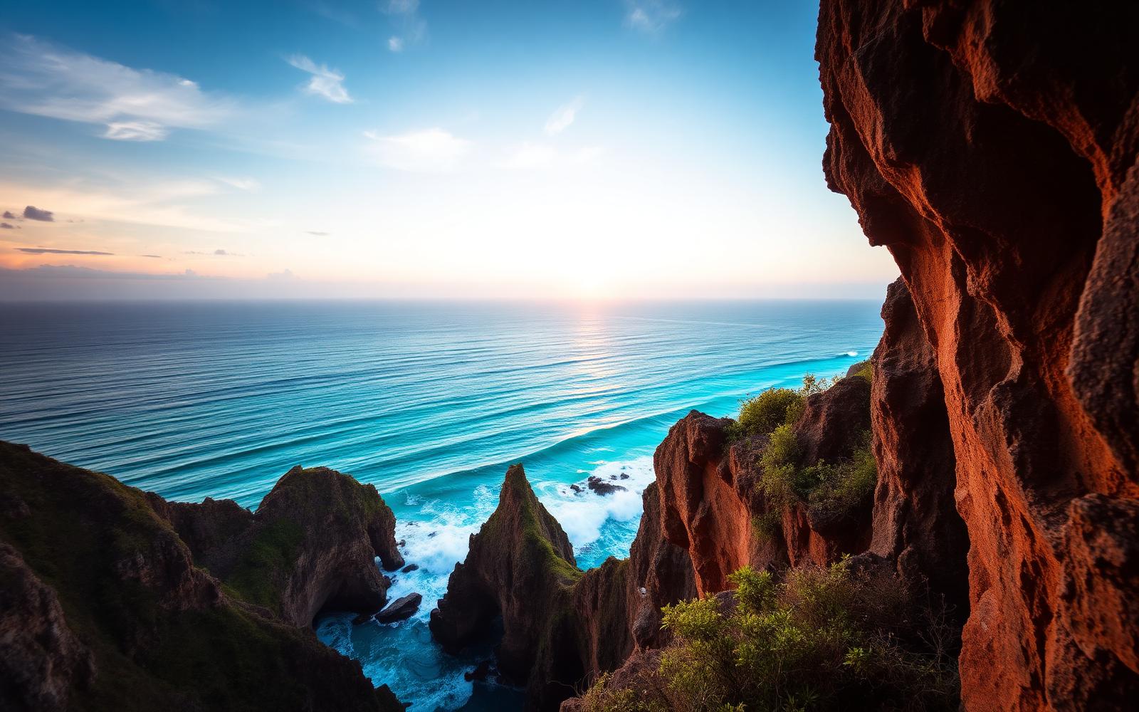 Dramatic limestone cliffs above turquoise ocean at Uluwatu, Bali
